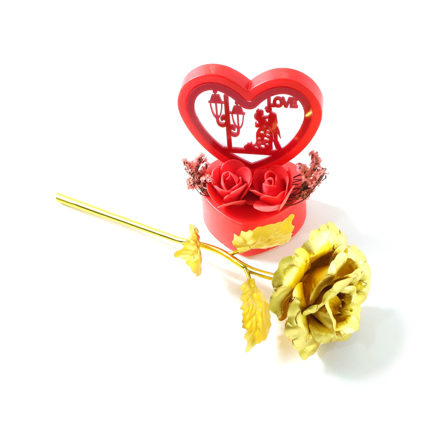 Heart Love Decorative Showpiece With Golden Rose Flower Gift Set (2 Pc)