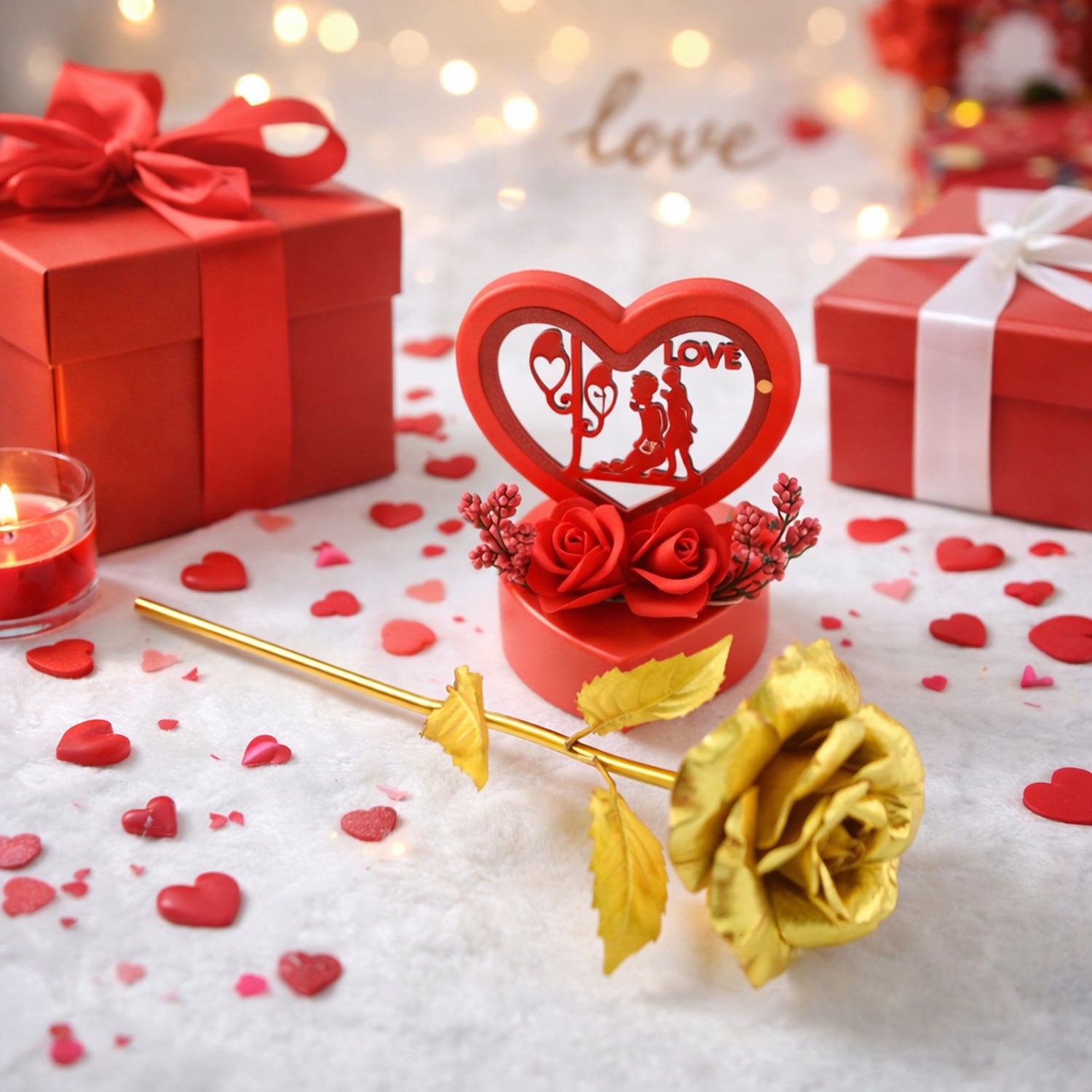 Heart Love Decorative Showpiece With Golden Rose Flower Gift Set (2 Pc)